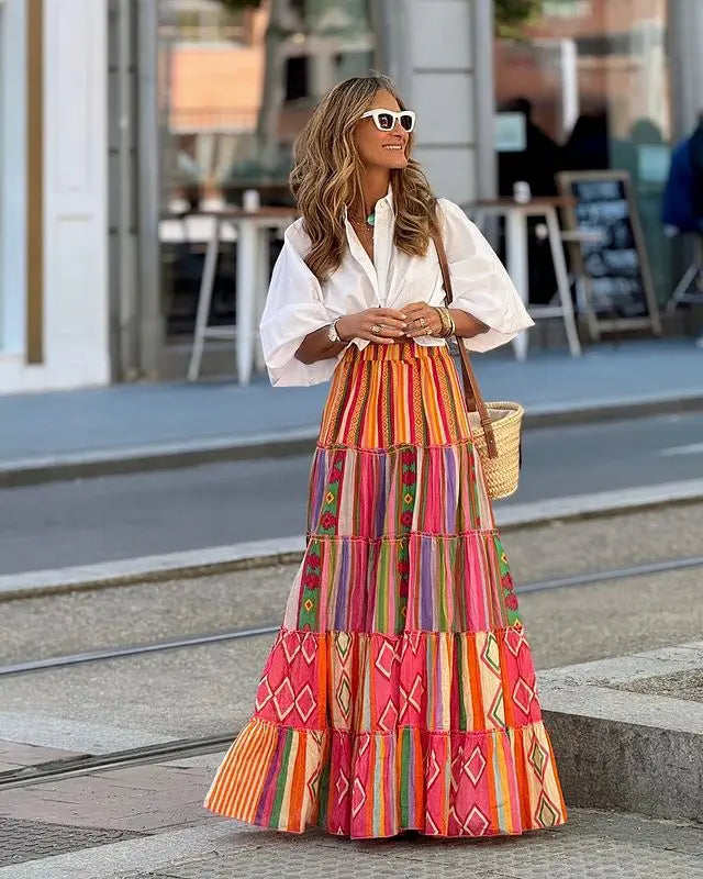 Printed Ruffles A-line Skirt Women Fashion Casual Bohemian Vacation Commuting Style Loose Long Skirts Trendy Female Clothing