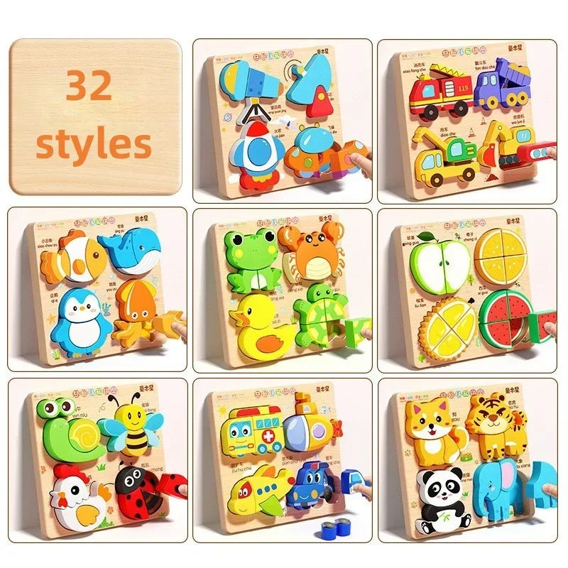 Animal Traffic Puzzles Toys for Kids Montessori Cartoon 3D Wooden Jigsaw Early Learning Educational Cognitive Game Children Gift