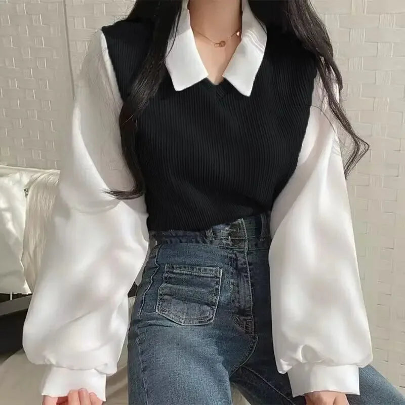 Summer Blouse Women Korean Style False Two-piece Polo Collar Blouses Y2k Tops Streetwear Loose Youth Pullovers Elegant Shirt