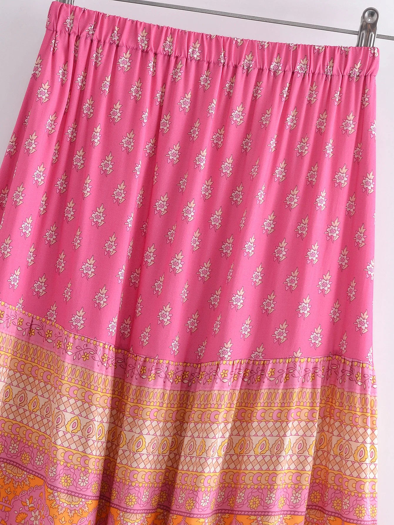 2022 BOHO Orange Flower Print Long Skirt Spliced Ruched Ruffle Hem Hippie Women Ball Tassel Bow Waist Swing Skirts Holiday