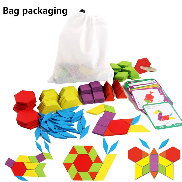 155 Pcs Wooden Pattern Blocks Set Geometric Shape Puzzle Kindergarten Classic Educational Montessori Tangram Toys for Kids