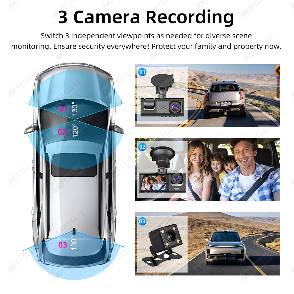 Car DVR 3 Cameras Recorder Rear Inside Vehicle 3-Lens Dash Cam Three Way Camera DVRs Dashcam 3 Channel Video Camcorde 1080P HD