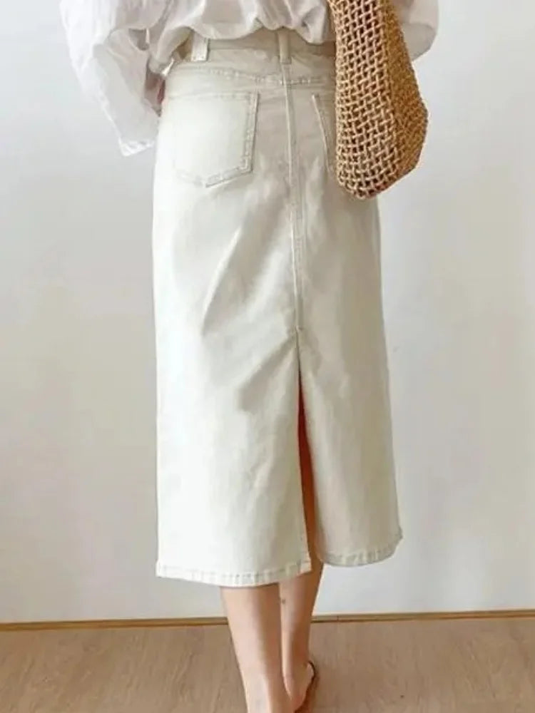 Syiwidii Solid Denim Long Skirts for Women Vintage Casual High Waist Slit A Line Skirts Summer 2025 New Fashion Simple Y2k Skirt