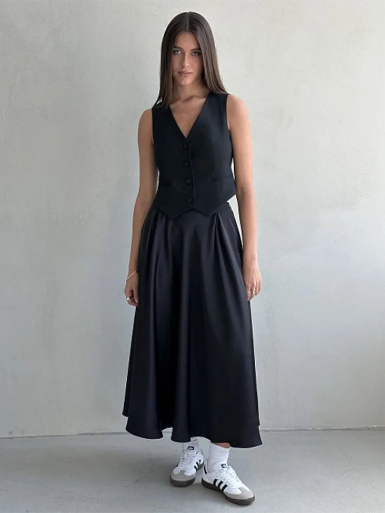 Elegant Satin Loose Women Skirt 2025 High Waist Maxi Skirts Streetwear Classic Long Skirt Fashion Female Black Skirt