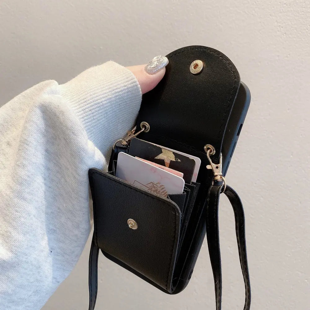 Wallet Leather Crossbody Neckband Lanyard Phone Case for iPhone 16 11 15 13 14 Pro Max XR X XS Max Multi Card Slot Purse Cover