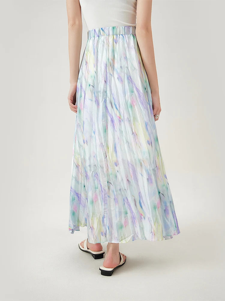 FSLE Long Floral Skirts Elastic Waist High Waist Summer Thin Pleated Ankle-Length Light Blue Women Skirt 24FS12895