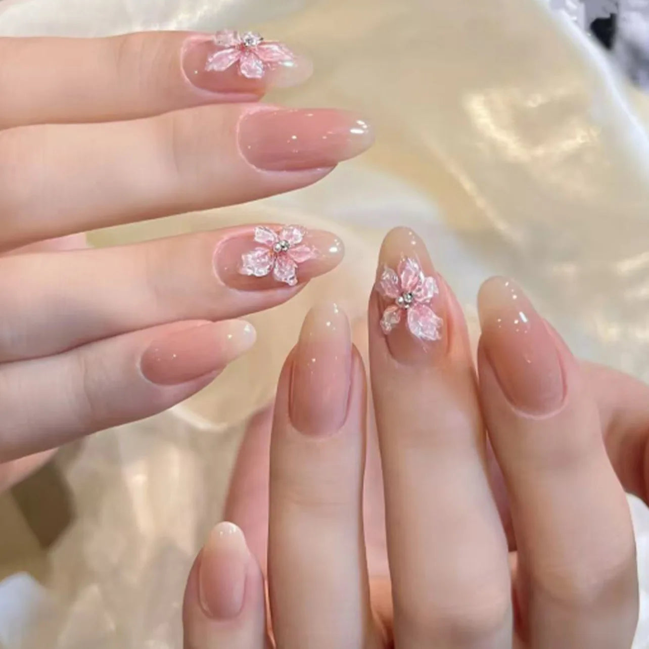 24PCS Almond Nails – Mixed Solid Colors with Subtle Florals & Golden Highlights