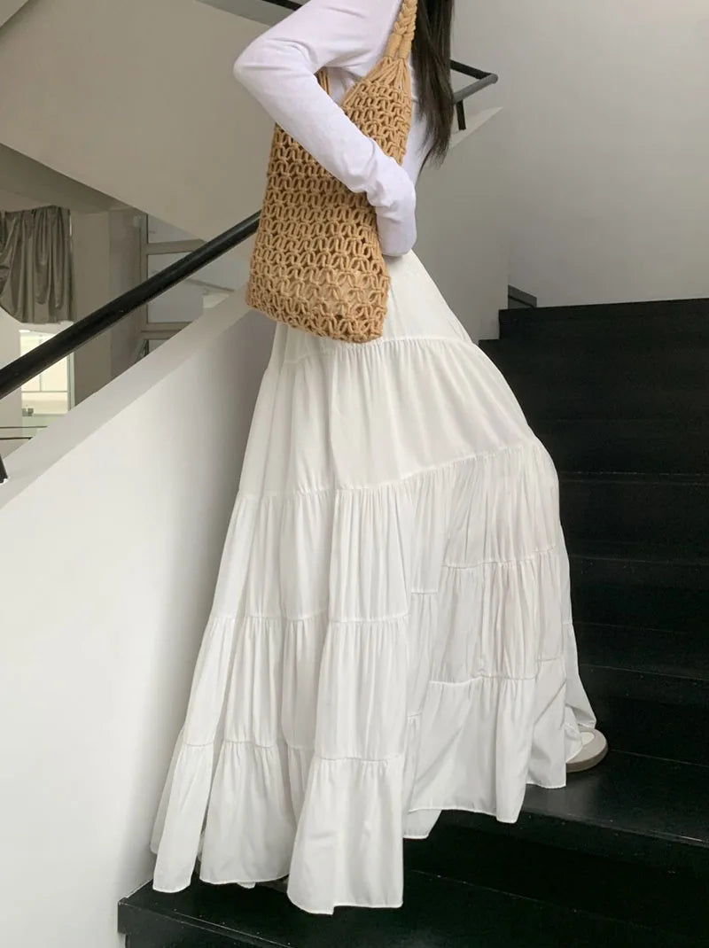 Summer High Waist White Mini Skirt Women Fashion Korean Patchwork A-Line Skirts Female Summer Solid Elegant All-Match Long Skirt