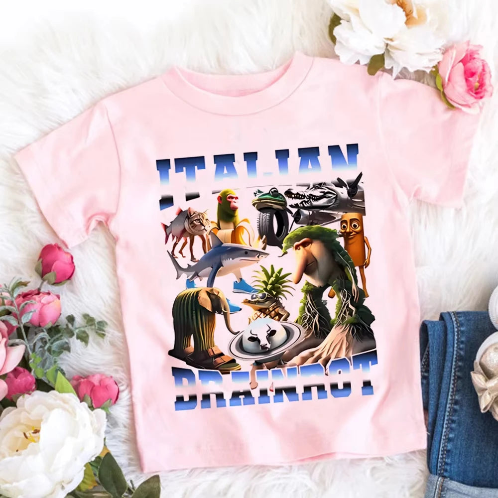 Italian Brainrot T-Shirt Kids Cartoon Anime Print Clothes Round Neck Basic Boys Tops Men Women Casual Sports T-shirt