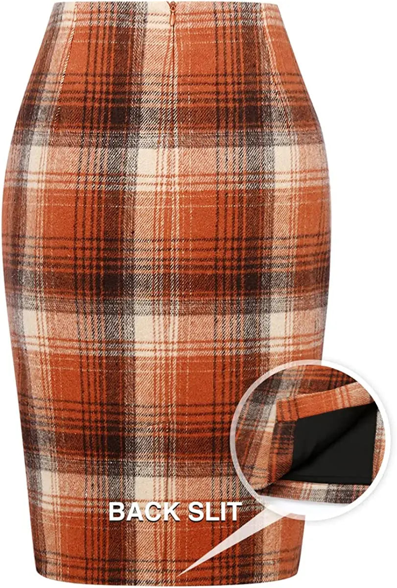 Women Midi Plaid Skirts Fall Winter Knee Length Pencil Wool Skirt with Slit