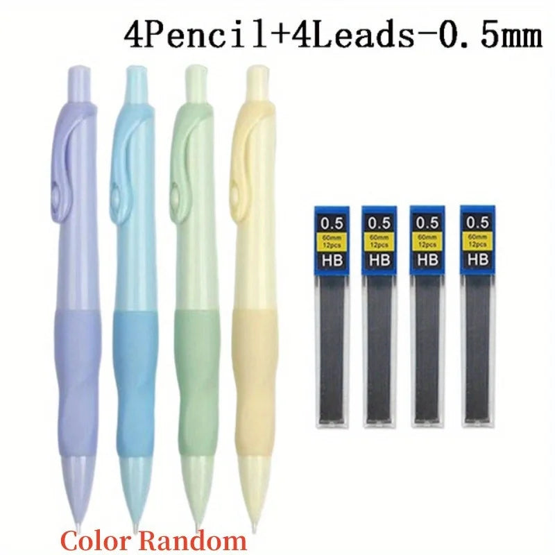 Comfortable Grip Mechanical Pencil Set 0.5/0.7/0.9/2.0MM Leads 2B Art Writing Pencil Office Supplies Stationery(4pencils+4leads)
