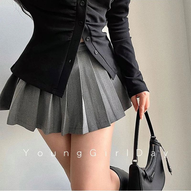 ZOKI Pleated Skirt with Shorts Women Sexy High Waist Irregular White Black A-line Gyaru Tennis extreme Mini Skirt School