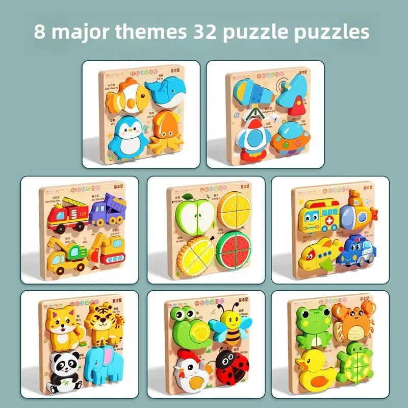 Animal Traffic Puzzles Toys for Kids Montessori Cartoon 3D Wooden Jigsaw Early Learning Educational Cognitive Game Children Gift