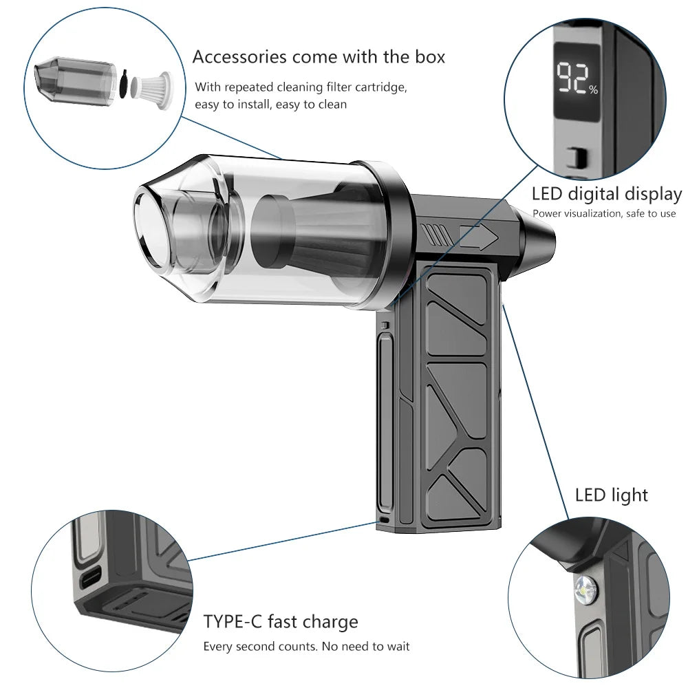 2-in-1 Blower & Vacuum, 4-Speed/Dual Magnetic Nozzles with LED & Type-C Fast Charge for Yard/BBQ/Hair/PC Use
