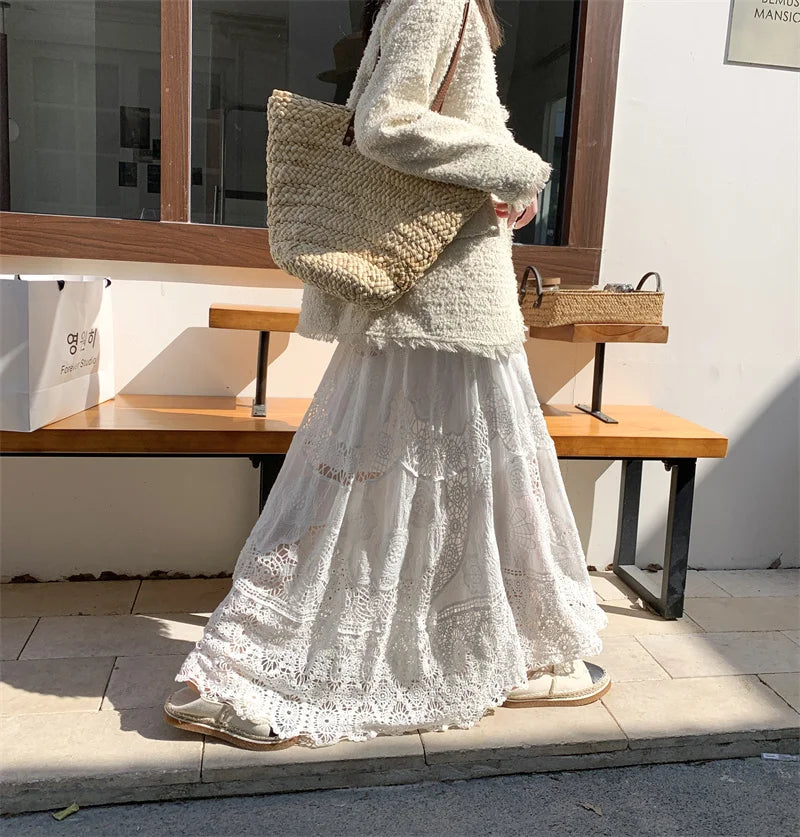 SMTHMA New Korean Retro French Hook Flower Hollow Design Elastic Knitted Skirt Women's Elastic High Waist A-line Long Skirt