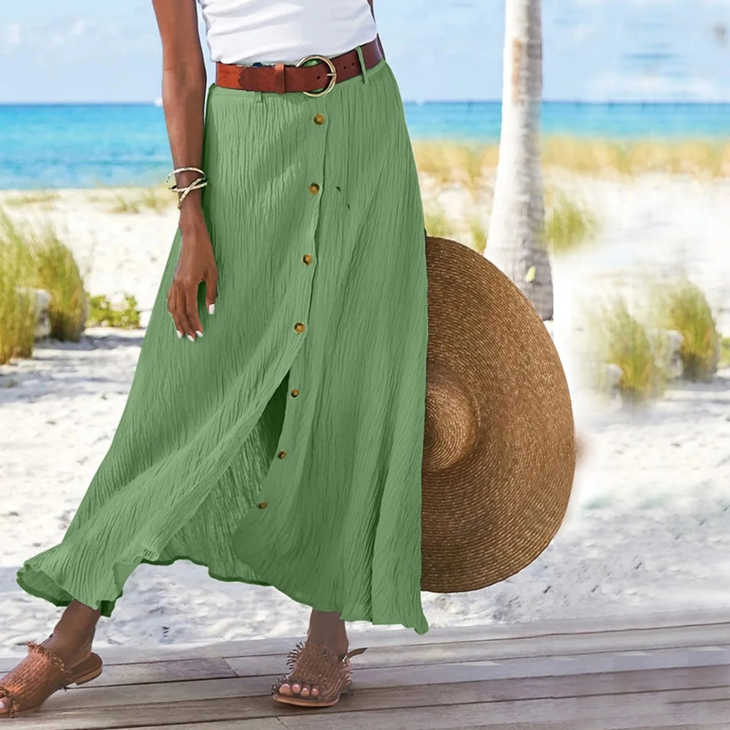 Women'S Half Skirt Midi Skirts For Women Bohemian Skirt High Waist Party Beach Button Skirt Women'S Loose Cotton And Linen Skirt