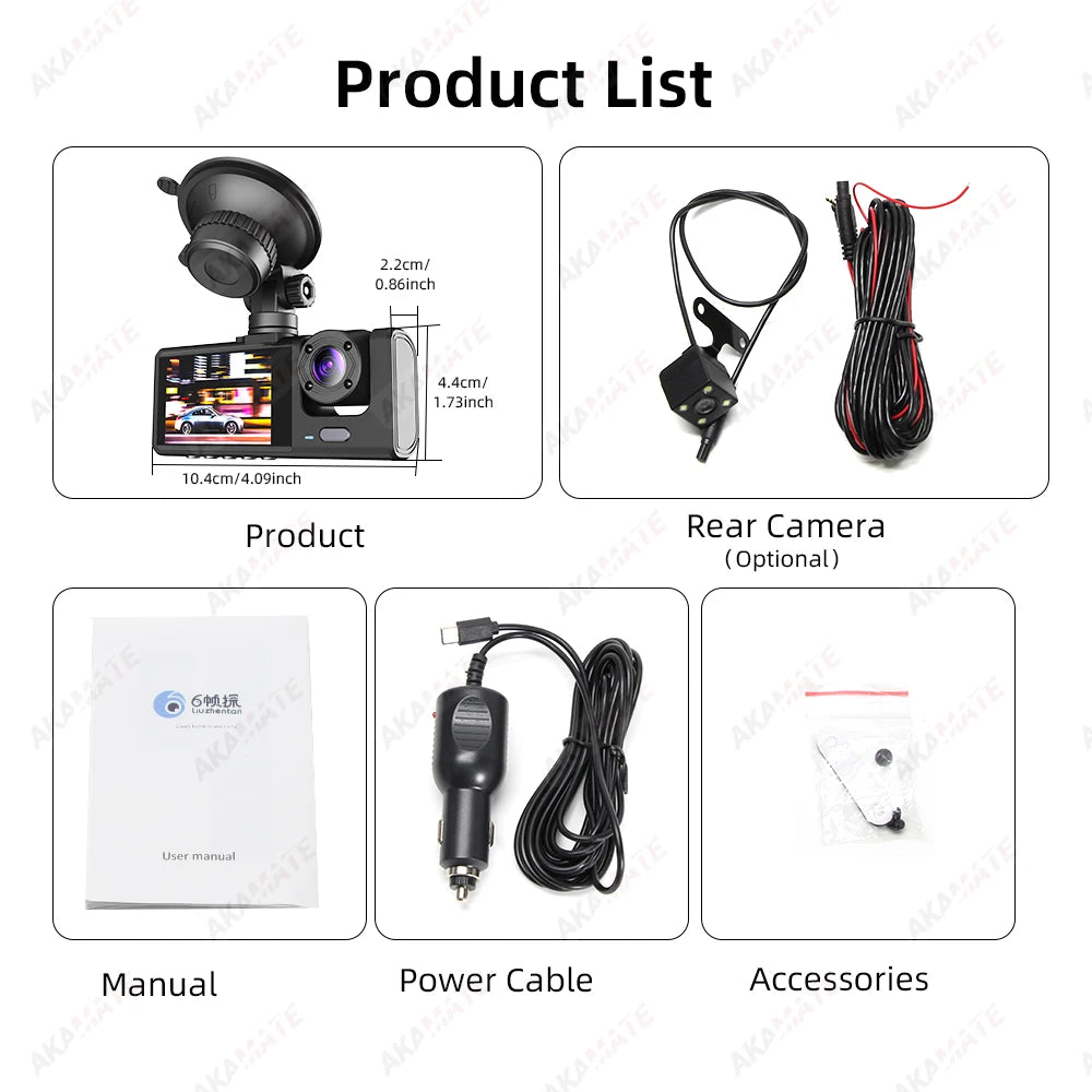 Car DVR 3 Cameras Recorder Rear Inside Vehicle 3-Lens Dash Cam Three Way Camera DVRs Dashcam 3 Channel Video Camcorde 1080P HD