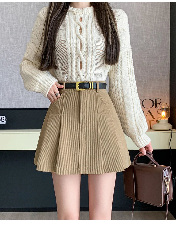 2024 Autumn and Winter Mini Pleated Skirt Women Fashion Streetwear A-line Skater Kawaii Skirts With Belt Korean School Girl Saia