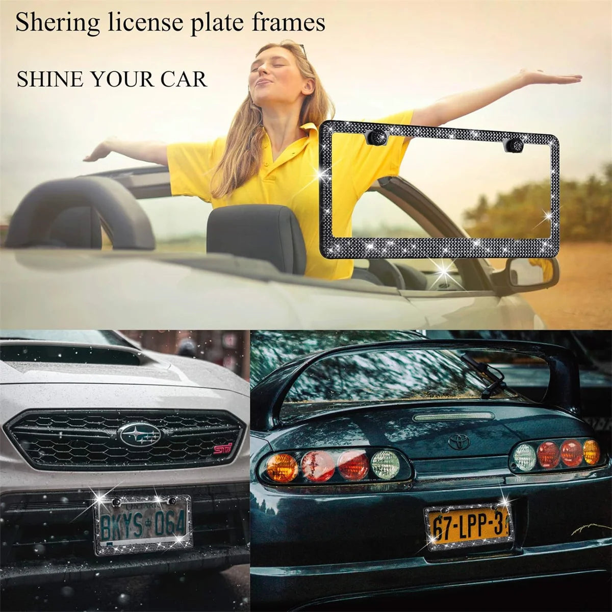 Shering Bling Glitter License Plate Frame, 1 Pack Sparkly Frames with Bedazzled Diamond Acrylic Crystals - Stylish Car