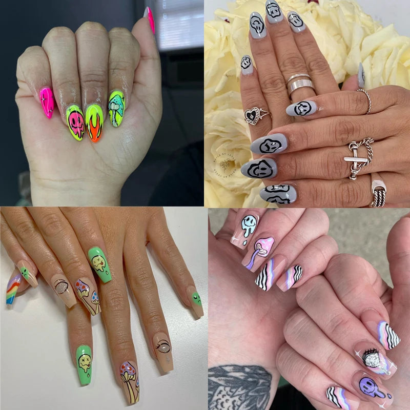 12 patterns Trippy Smile Face Nails Water Decals Mushroom Slider Decals Trippy Nail Art Rainbow Transfer Sticker Decals Eyes