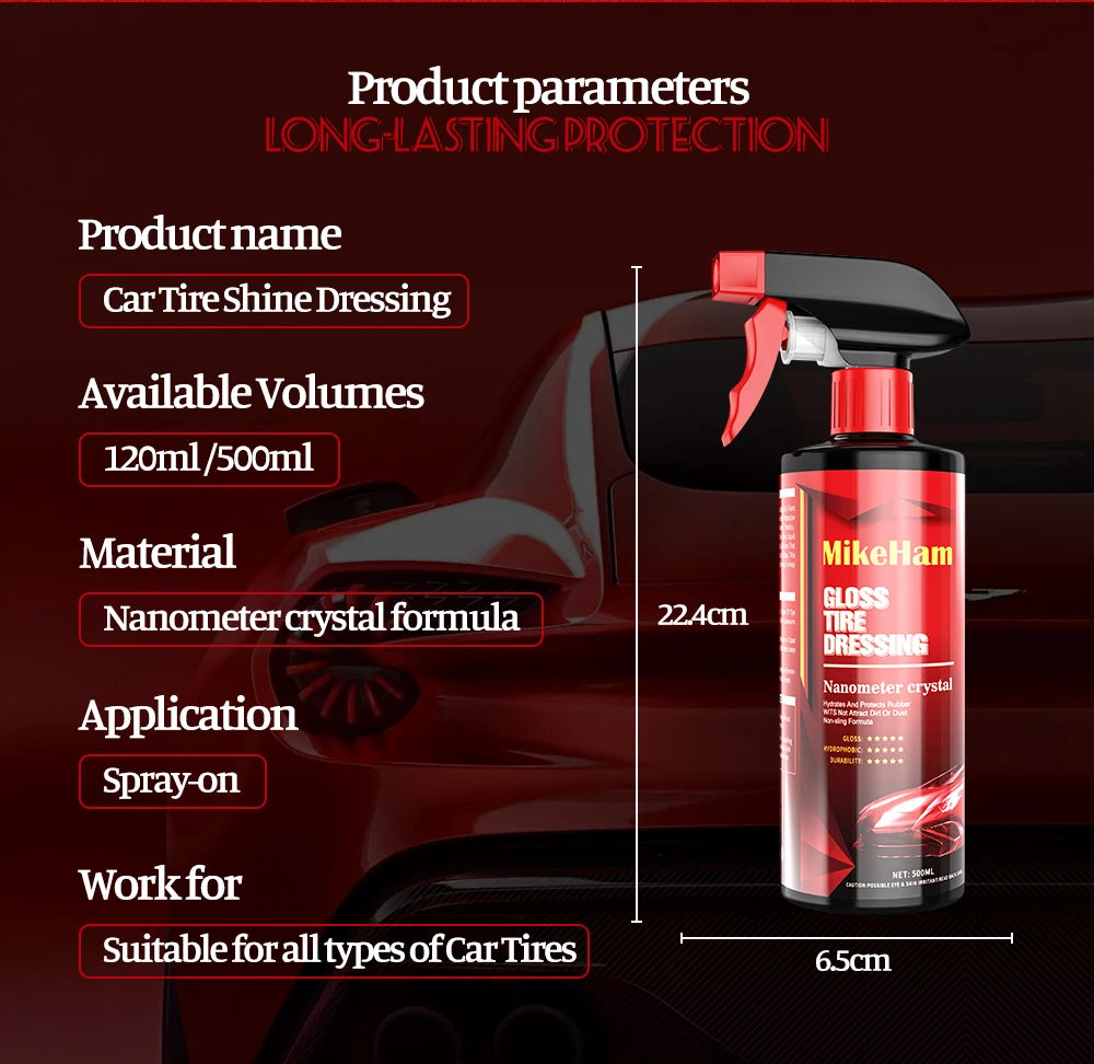 MikeHam Car Tire Shine Dressing Spray Long Lasting High Gloss Tire Coating Care Black Wet Look UV Protection & Waterproof 500ml
