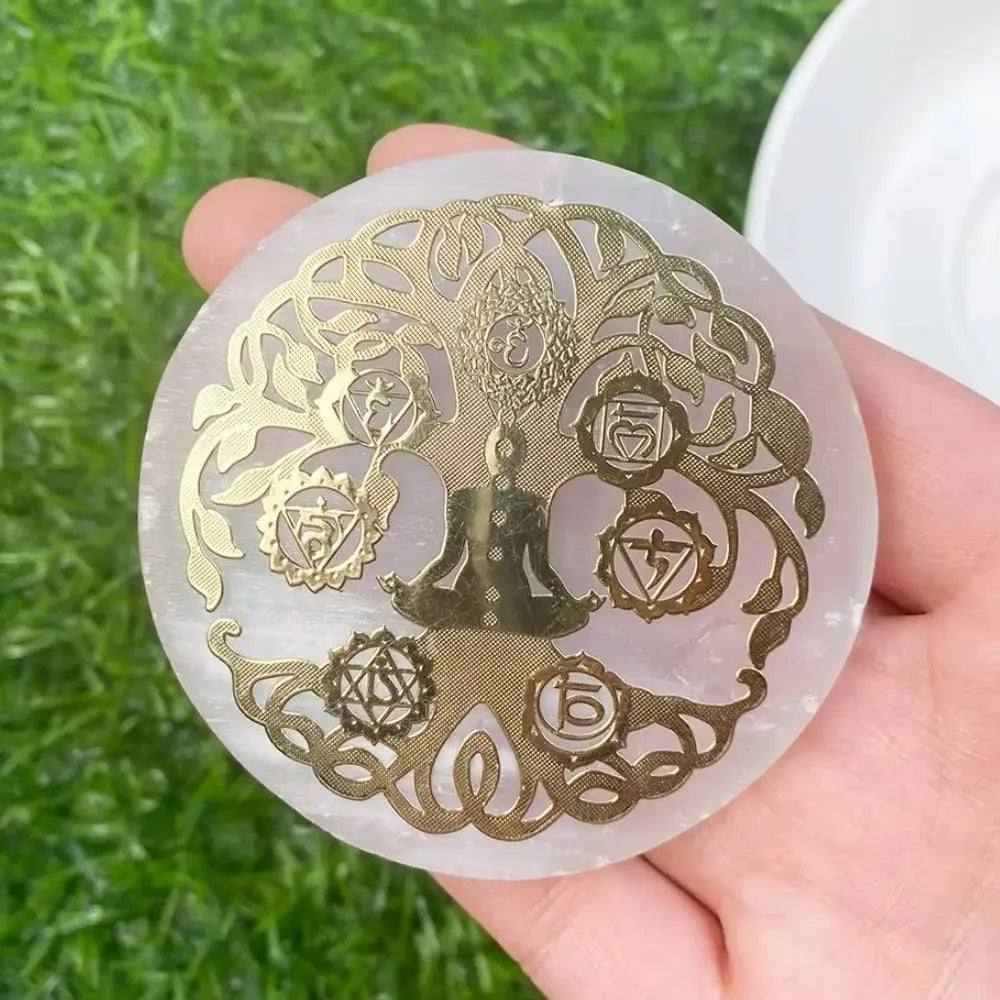Natural 7 Chakras Flower of Life Selenite Slice Slab White Gypsum Charging Plate Yoga Meditation Healing Crystal Coasters Gift