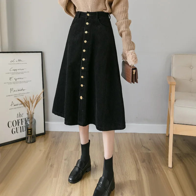 REALEFT Autumn Winter Corduroy Women A-Line Skirts 2023 New High Waist Solid Elegant Single Breasted Umbrella Midi Skirts Female