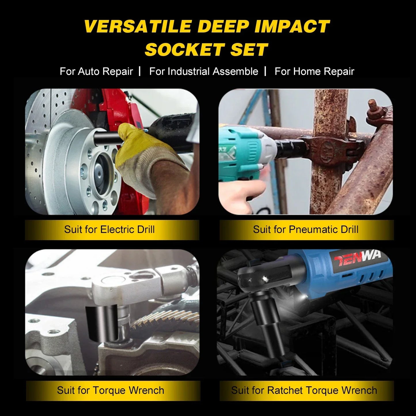 Socket wrench set, universal socket wrench set, deep-slot socket wrench set, pneumatic maintenance tool wrench 10-piece set