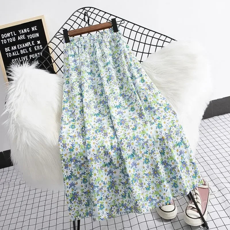 Fragmented Blossom Skirt Women's New Summer Art High Waist Chiffon A-line Oil Painting Small Daisy Lady Large Swing Skirt