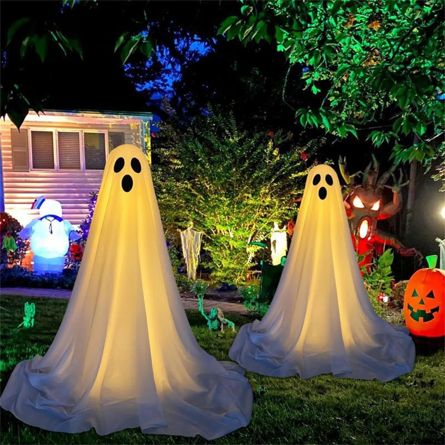 Halloween Decor Light Strings Ghosts Battery Front Porch Ghost Decorations Scary White Ghosts Stand Courtyard Halloween Decorati