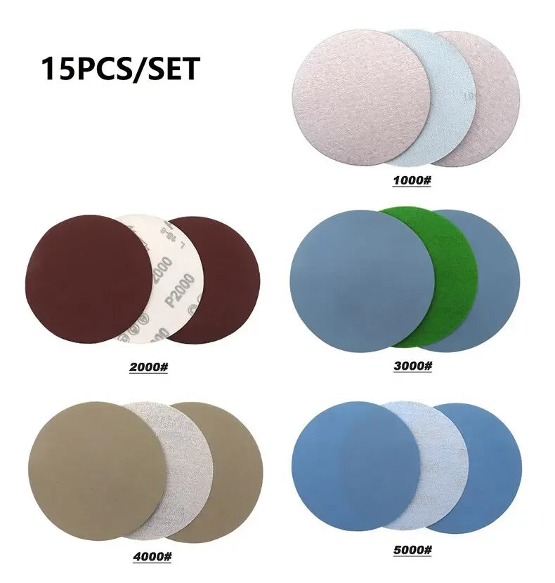 15 PCS Inches Grit 1000 2000 3000 4000 5000 Sanding Discs Hook Loop Sandpaper Round Disk