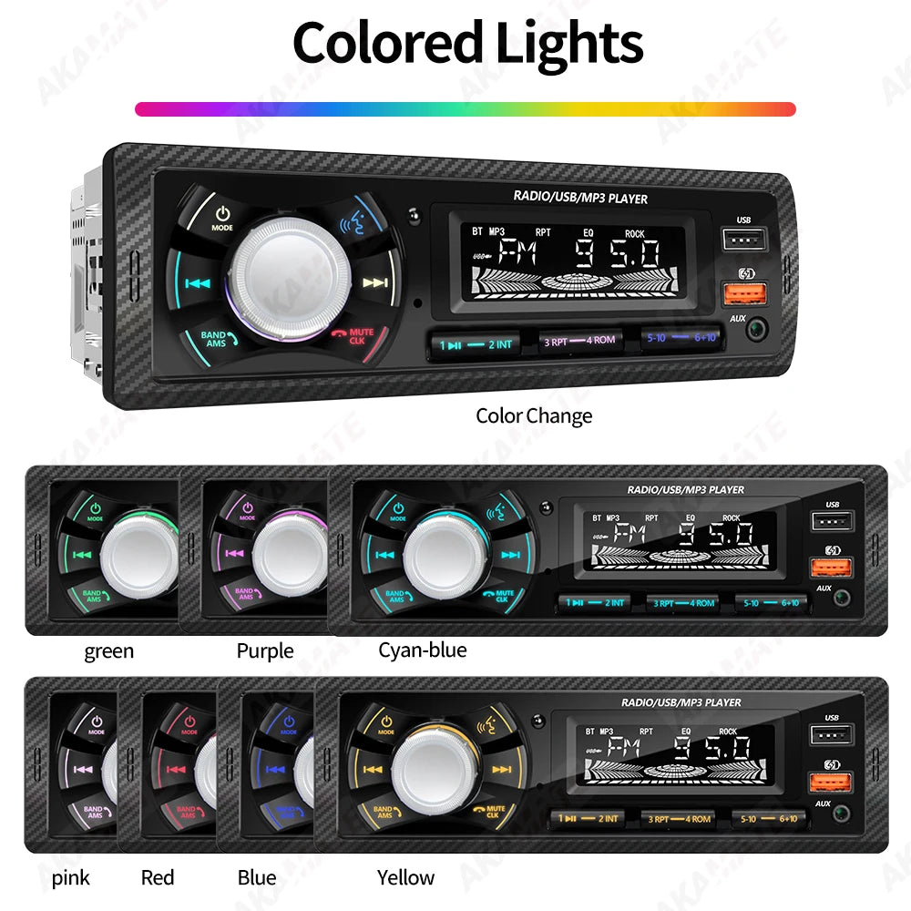 1 Din Car Radio MP3 Multimedia Player FM Radio Bluetooth AUX USB Support Phone Charging Colorful Light Display Stereo Autoradio