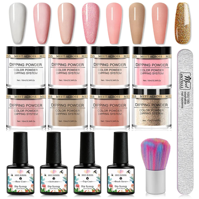 8 Colors Dip Powder Nail Set – Classic Nude Pink & Glitter Collection for DIY Salon Nails