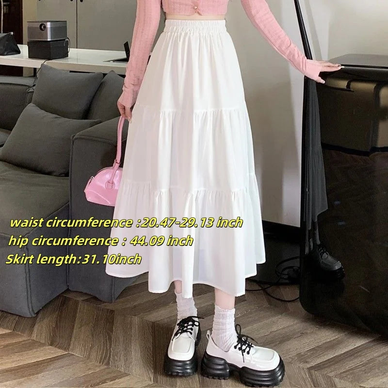 Casual Vintage Women Skirt Matching Chic Lady's White Skirt Sweet Girl's Cake Skirt Elastic Waist A-Line Mid Length Flare Skirt