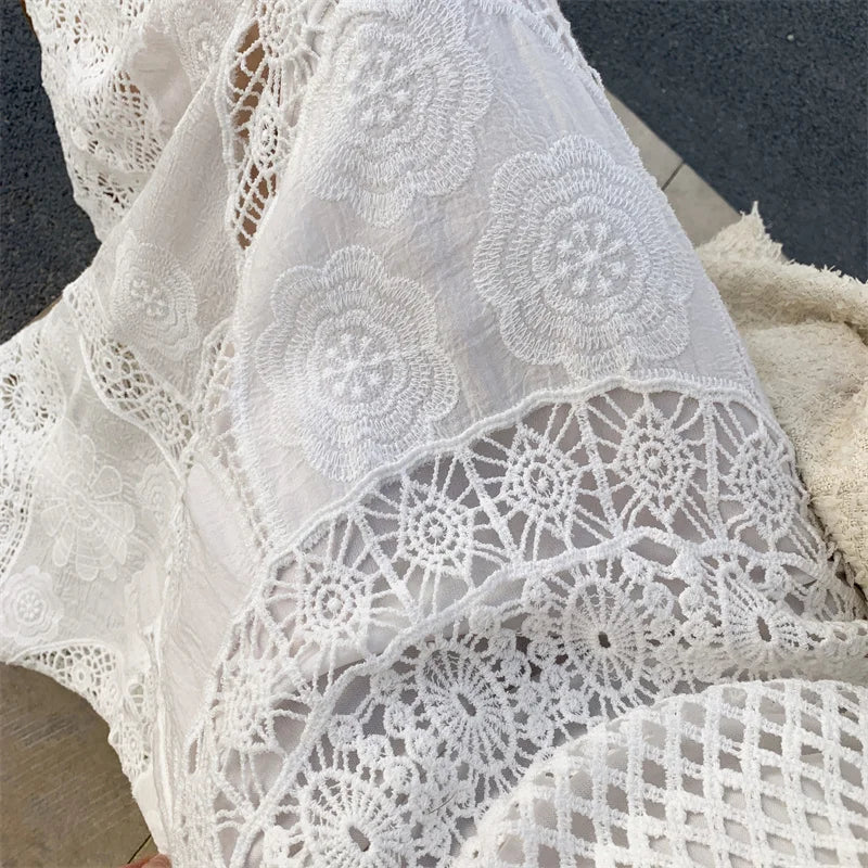 SMTHMA New Korean Retro French Hook Flower Hollow Design Elastic Knitted Skirt Women's Elastic High Waist A-line Long Skirt