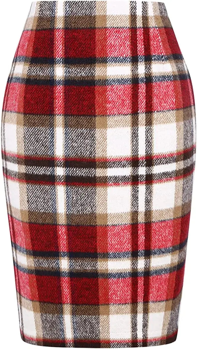 Women Midi Plaid Skirts Fall Winter Knee Length Pencil Wool Skirt with Slit
