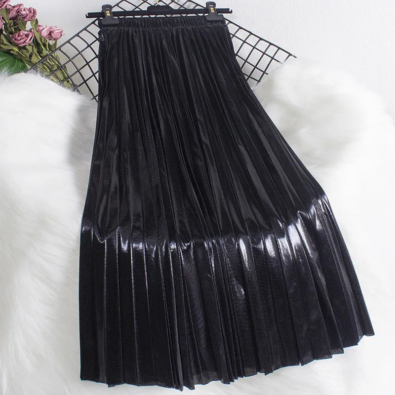 SISHION 2025 New Spring Shiny Long Midi Skirts for Women SS0039 Elastic Waist Metallic Elegant Fashion Golden Black Pink Skirt