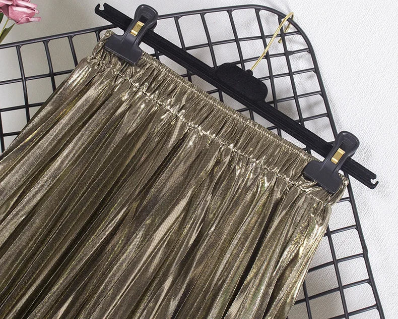 SISHION 2025 New Spring Shiny Long Midi Skirts for Women SS0039 Elastic Waist Metallic Elegant Fashion Golden Black Pink Skirt