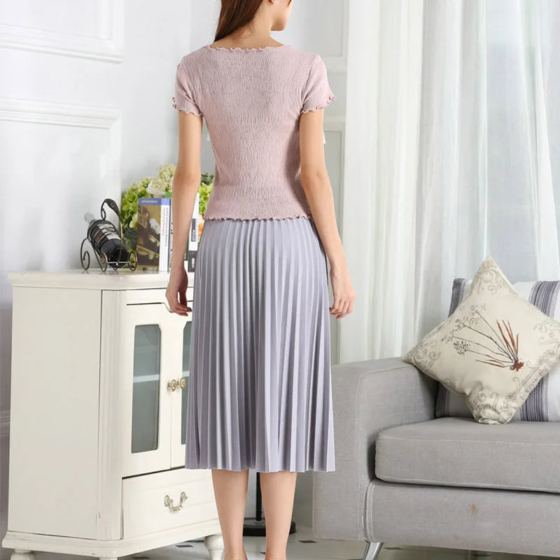 Spring and Autumn New Fashion Women's High Waist Pleated Solid Color Half Length Elastic Skirt Promotions Lady Black Pink