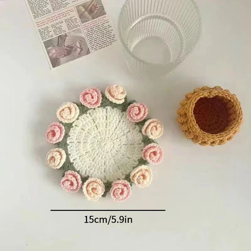 Crochet Flower Coaster Hand Knitted Coaster Rose Placemat Table Ornament Cup Pad Crochet Flower Cupmat Creative Coaster Gifts