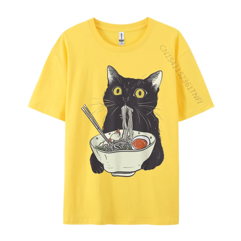 Funny Cat Eating Ramen Vintage Japanese Noodles Geek Normal All Cotton Mens Tops T Shirt Casual Tees 2024 Hot Sale T Shirts