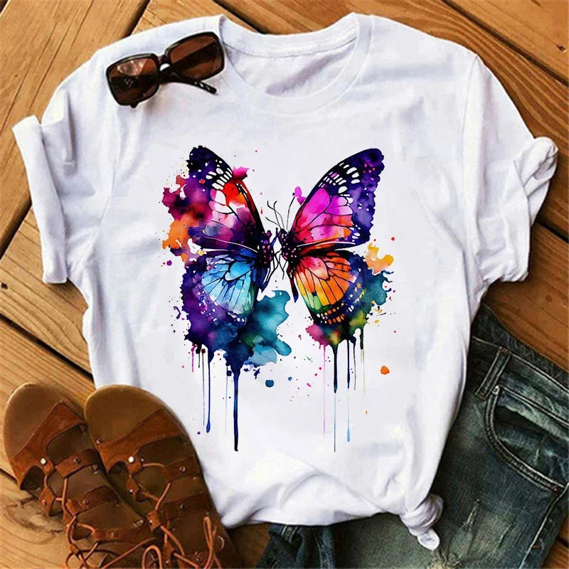 gothic Women's Butterfly Tree Print Harajuku T-Shirt Round Neck Top Short Sleeve Casual Summer Tee Shirt