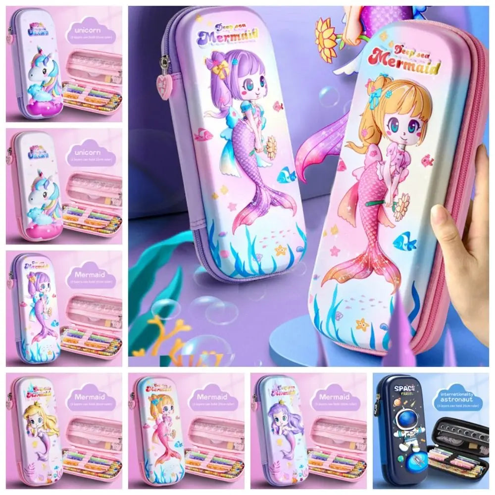 3D Mermaid & Astronaut Pencil Case β Odorless Zippered Space Pen Box for School Supplies & Kawaii Stationery Fans