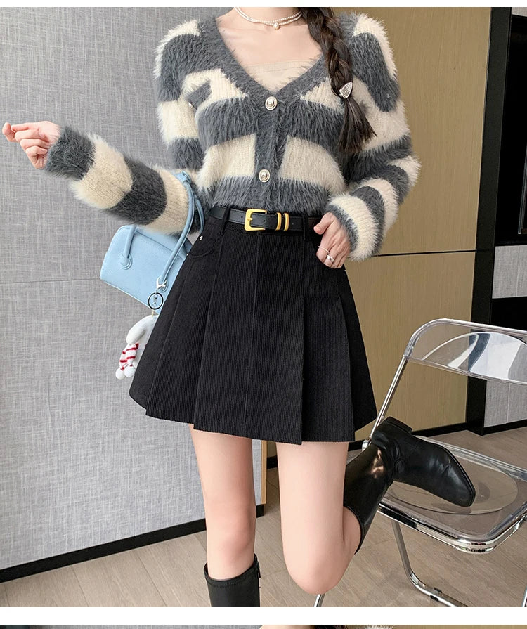 2024 Autumn and Winter Mini Pleated Skirt Women Fashion Streetwear A-line Skater Kawaii Skirts With Belt Korean School Girl Saia