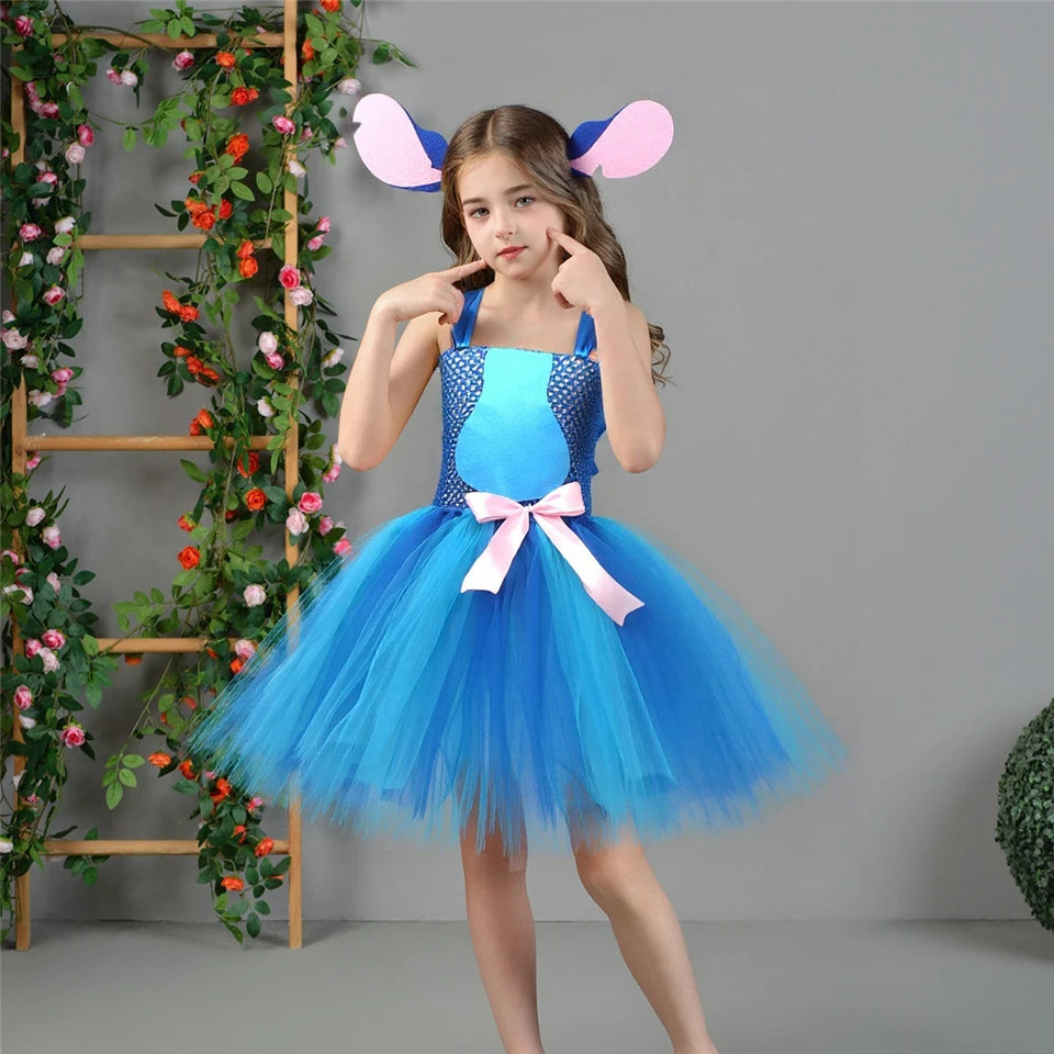Movie Girls Alien Dog Costume Cartoon Blue Tulle Festival Dress Lilo Tutu Dress Maia Kealaha Live-action Character Dress Up