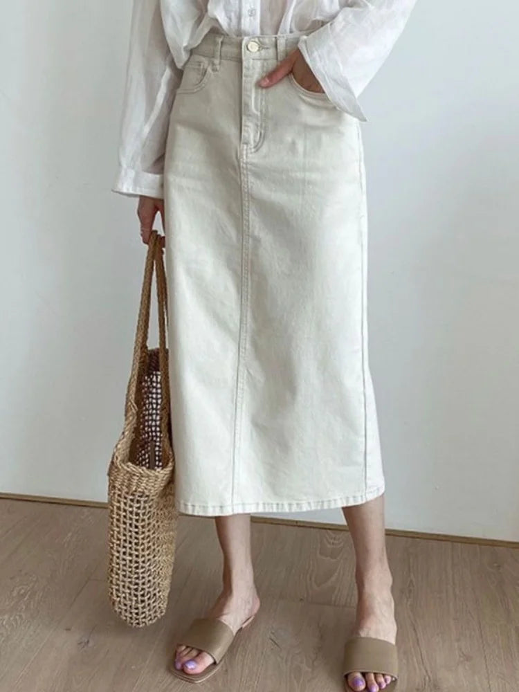 Syiwidii Solid Denim Long Skirts for Women Vintage Casual High Waist Slit A Line Skirts Summer 2025 New Fashion Simple Y2k Skirt