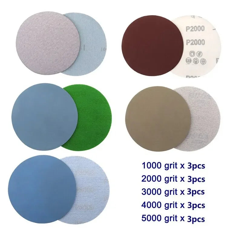 15 PCS Inches Grit 1000 2000 3000 4000 5000 Sanding Discs Hook Loop Sandpaper Round Disk