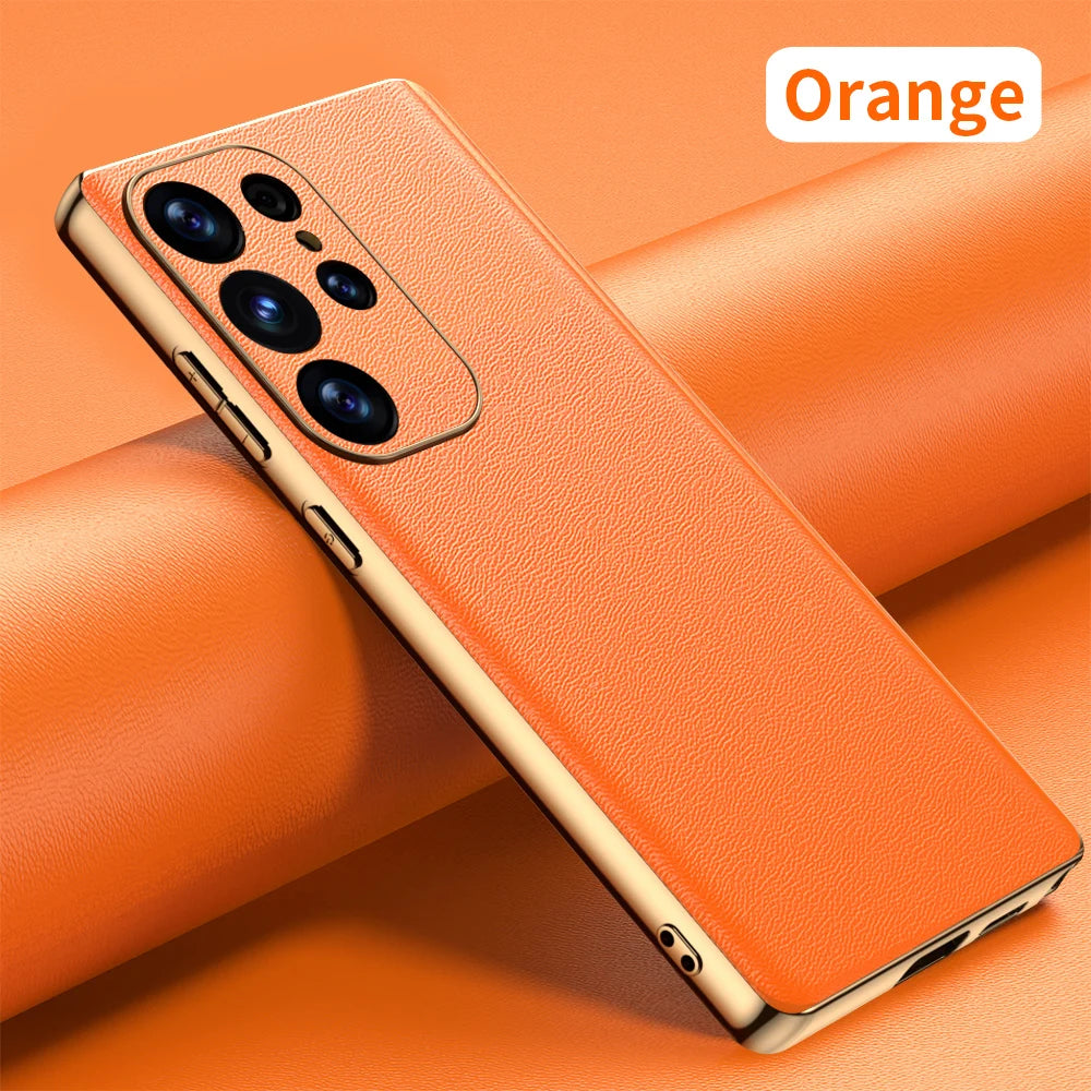 Leather Phone Case for Samsung Galaxy S25 S24 S23 Ultra S22 Plus Luxury Plating Soft Edges Shockproof 360 Full Protective Cover