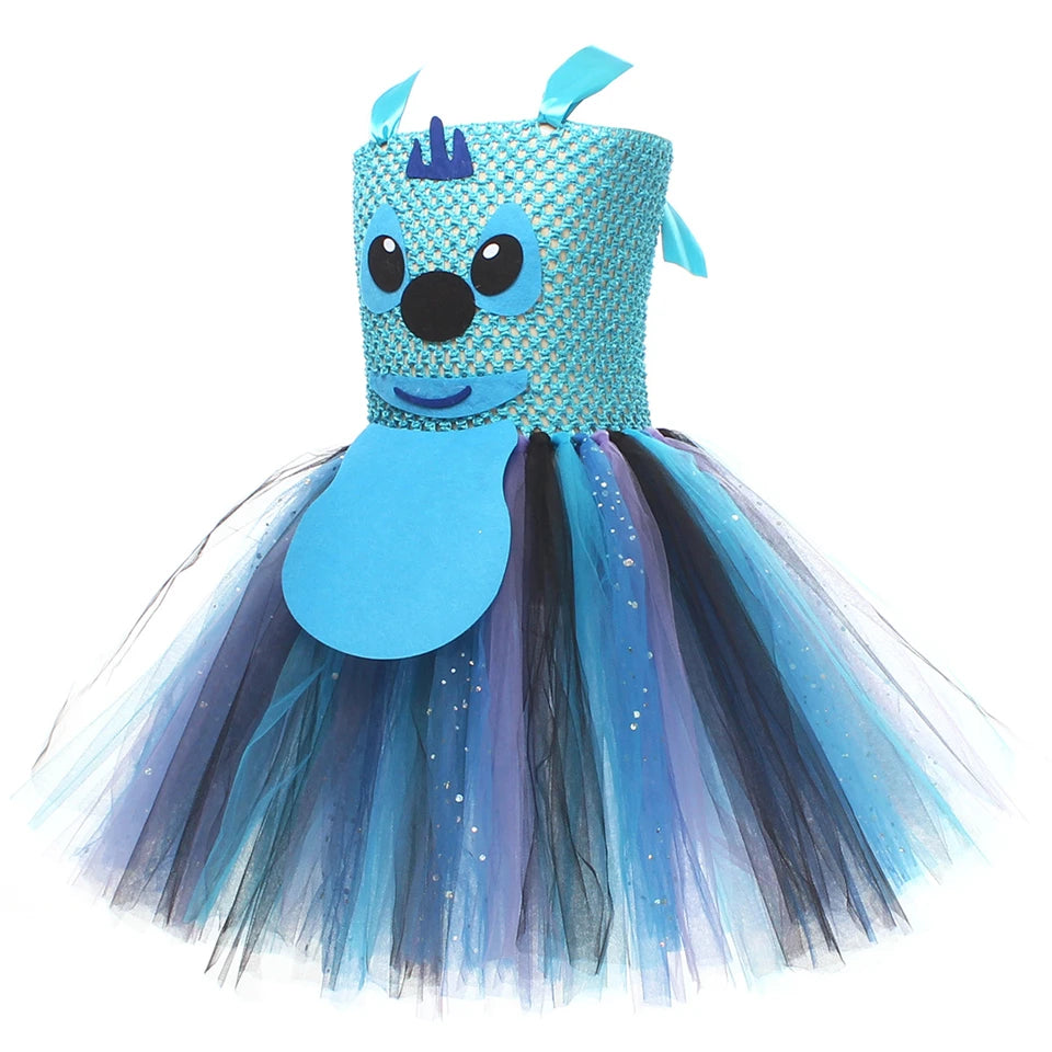 Movie Girls Alien Dog Costume Cartoon Blue Tulle Festival Dress Lilo Tutu Dress Maia Kealaha Live-action Character Dress Up