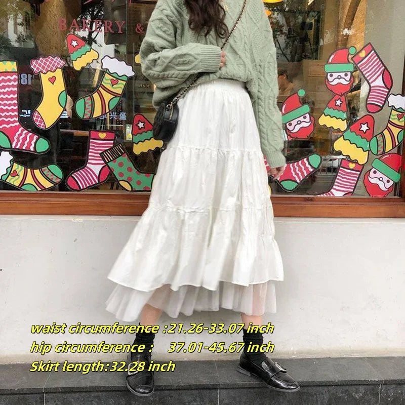 Casual Vintage Women Skirt Matching Chic Lady's White Skirt Sweet Girl's Cake Skirt Elastic Waist A-Line Mid Length Flare Skirt
